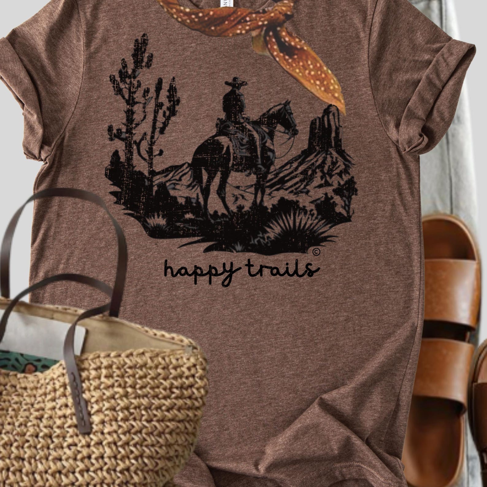 Happy Trails! T-Shirt: Western Art Cotton Tee, Southwest Wild Horse Design M