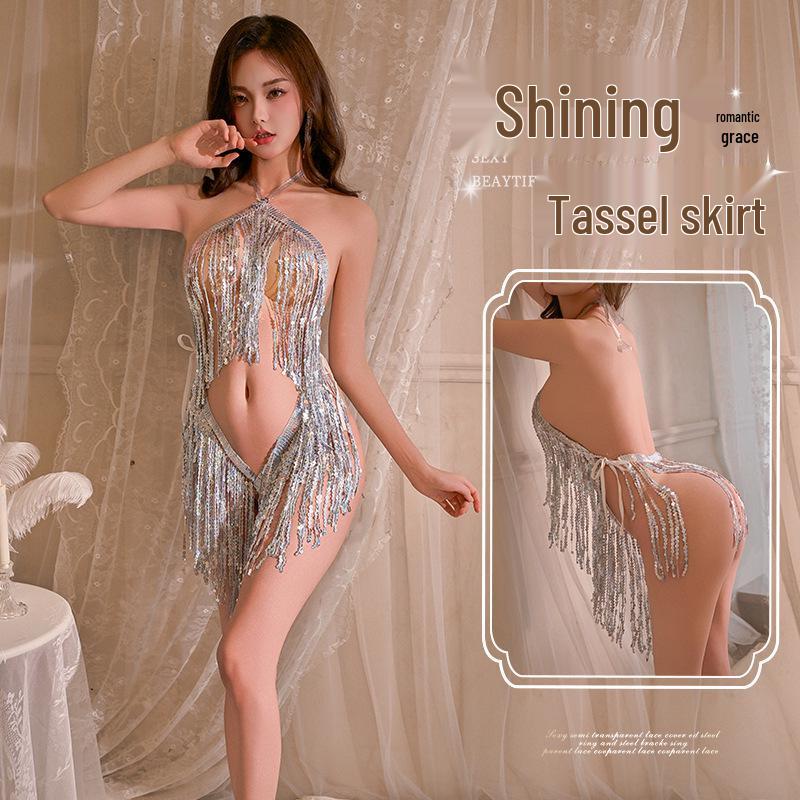 Qiaomi'er Shimmering Sequin Lingerie Set - Sexy Cutout Latin Dress with Tassel Mini Skirt
