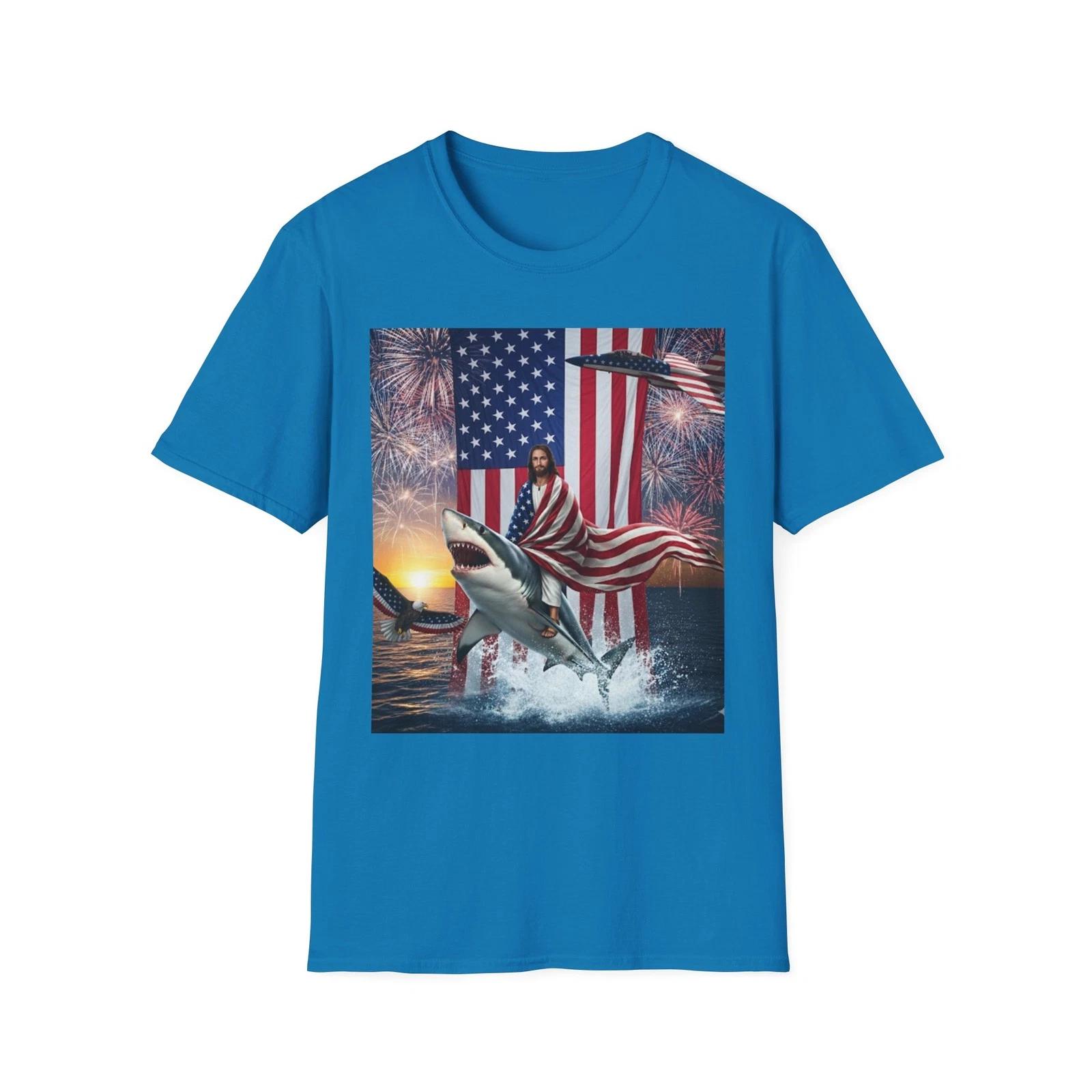 Patriotic Jesus Riding A Shark Funny Patriotic T-Shirt - Great Gift XL