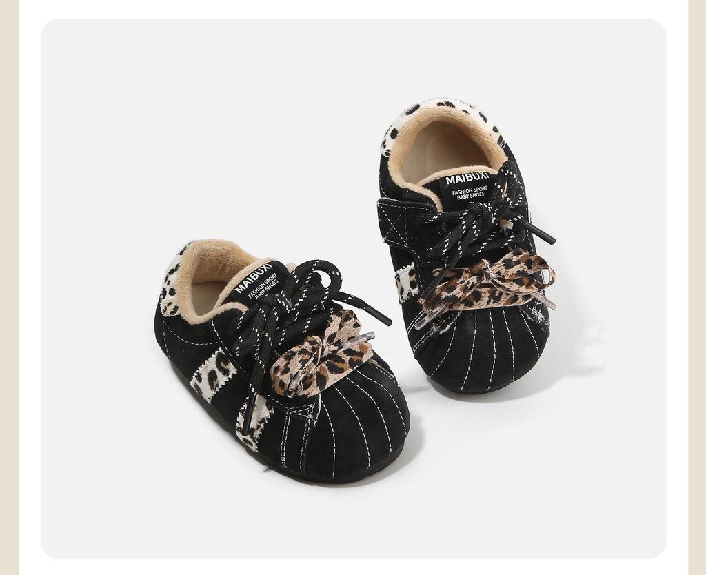 2025 Winter Leopard Print Retro Cotton Baby Shoes - Velvet Lined, Warm, Versatile, Casual German Training Design