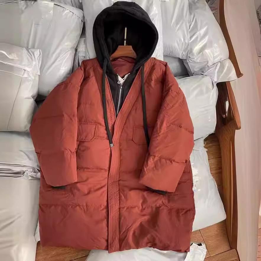 Plus Size Korean Style Loose Winter Slimming Mid-Length Down Jacket with Faux Two-Piece Hoodie