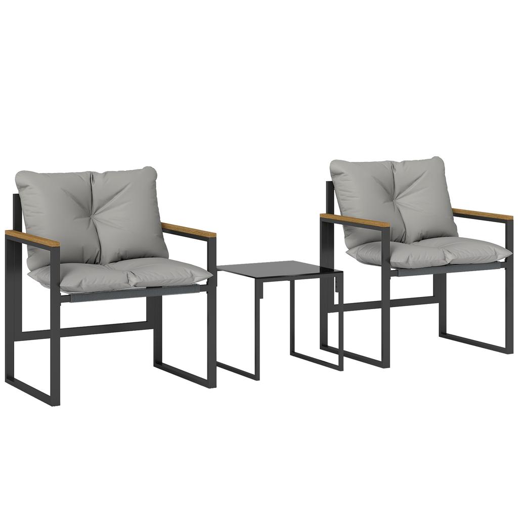 3 Piece Garden Furniture Set 2 Seater With 2 Armchairs And 1 Coffee Table Tempered Glass Top And Cushions Gray