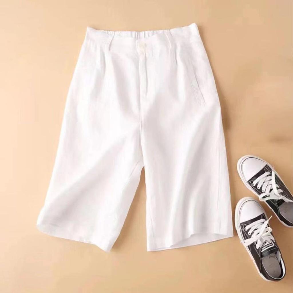 Women Suit Shorts High Waist Elastic Waistband Women Shorts Button Fly Pockets Knee Length Straight Wide Leg Short Pants