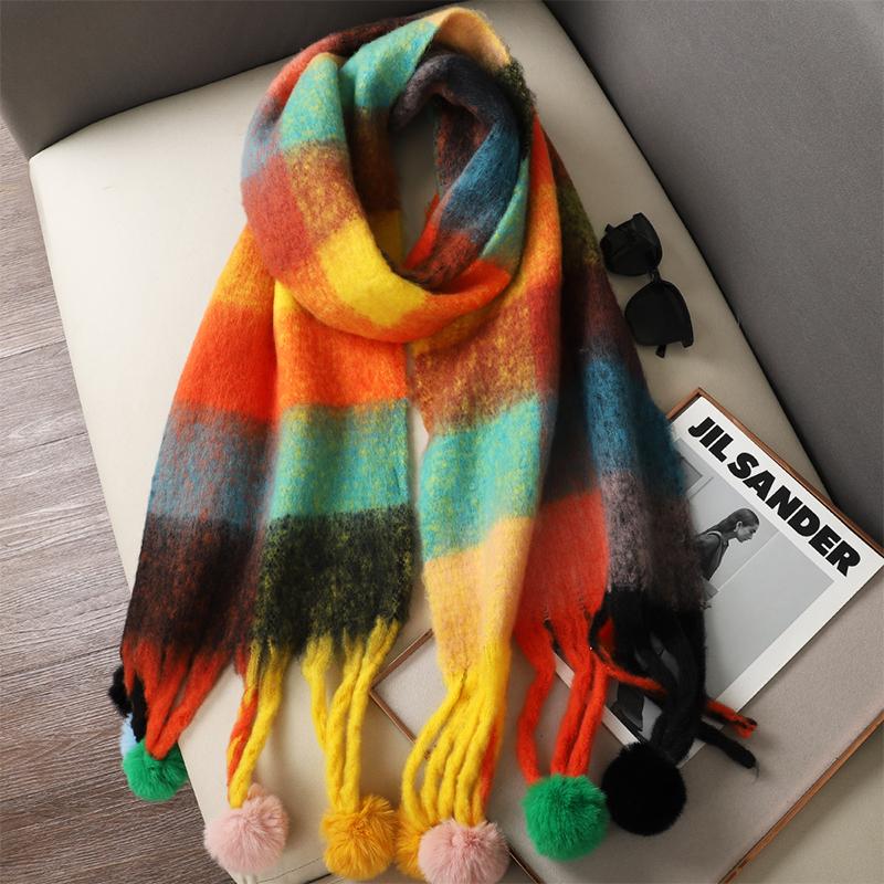 Luxuriöser Karoschal Winter Warm Kaschmir Damen Pompon Pashmina Foulard Damen Schals Damen Quasten Schal Stola Wickeltuch Design Neu