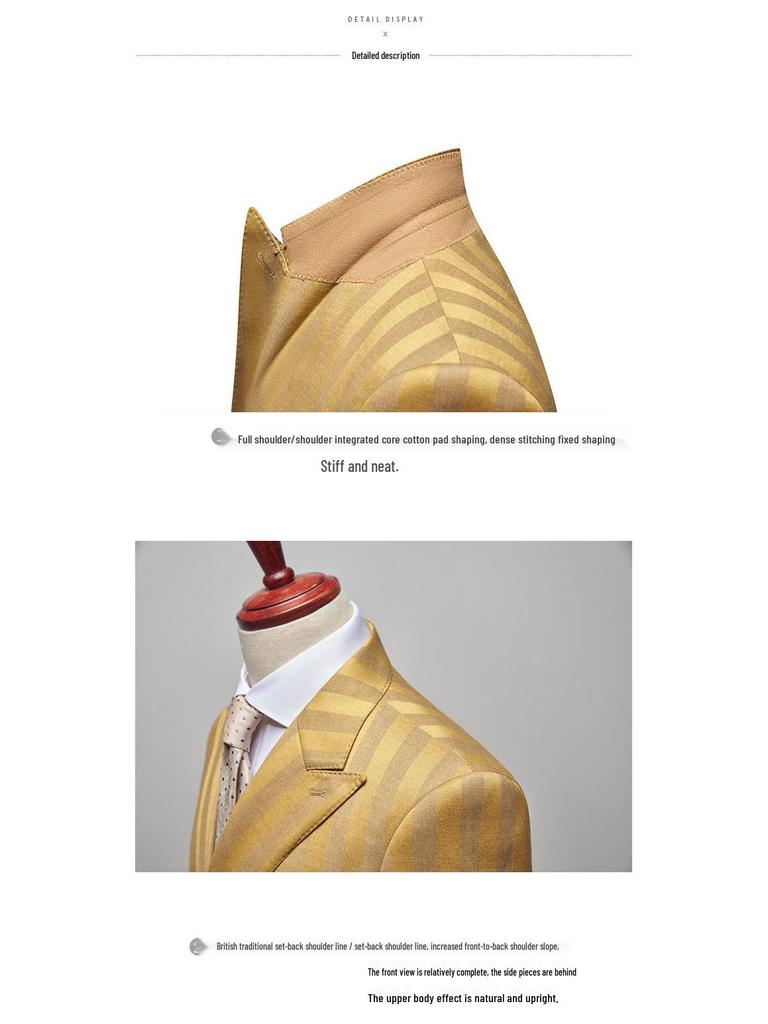 Men's Striped Double-Breasted Korean Style Golden Two-Piece Suit for Autumn and Winter