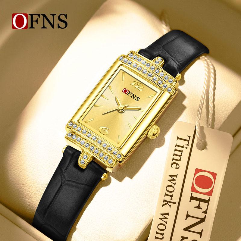 OFNS Women's Luxury Square Leather Strap Watch - Waterproof Quartz with Diamond Detailing