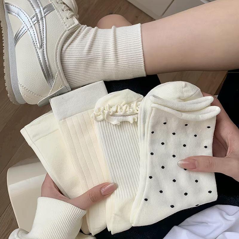 Milky White Mid-calf Socks, Children's Pile-up Socks, Ballet-style, Sweat-absorbing, Polka-dot, Earflap Design, Maternity Socks