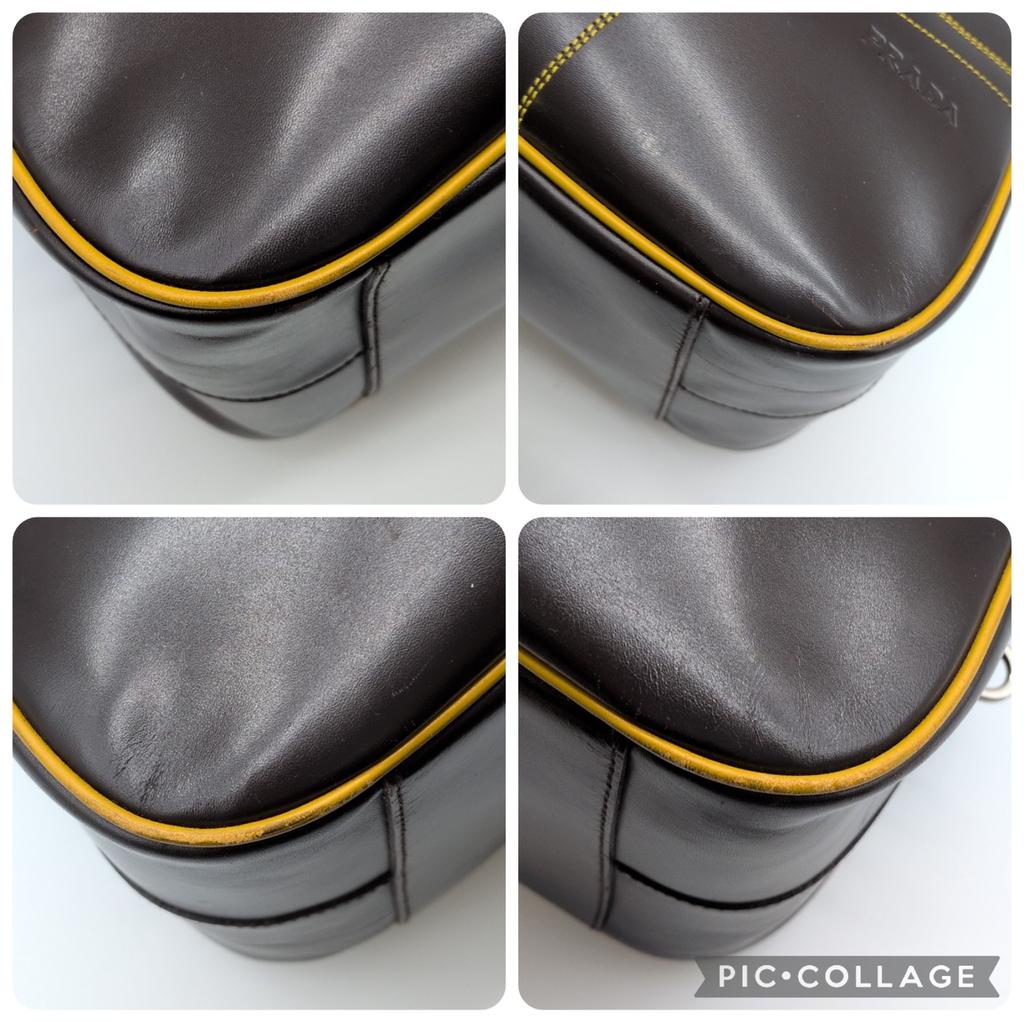 Prada 2000 FW Archive Y2K 2000 1990s 00s Bowling Bag Mini Boston Handbag Chocolate Brown Mustard Yellow Stitching Genuine Leather