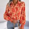Women Spring Summer Long Sleeve Lapel Flower Printed Loose Casual Office Shirt Top