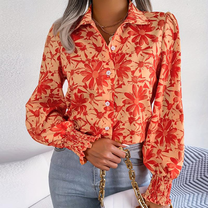 Women Spring Summer Long Sleeve Lapel Flower Printed Loose Casual Office Shirt Top