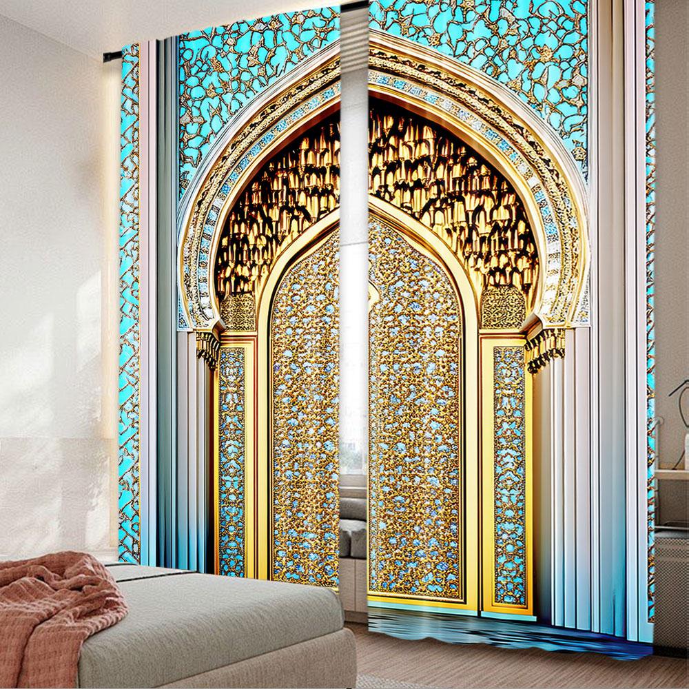 2Pcs Vintage Moroccan Palace Door Printed Curtains Polyester Light-Blocking Decorative Curtains For Entryway Bedroom 60×150