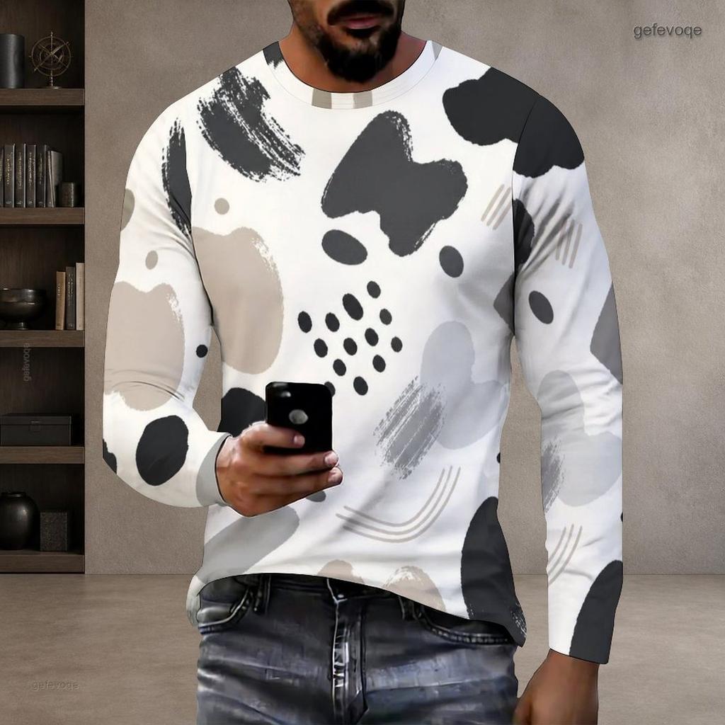 Men Plus Size Round Neck Long Sleeve Abstract Printed Casual Pullover T Shirt