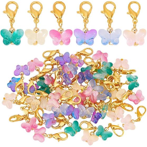 PH PandaHall 60Pcs Glass Butterfly Dangle Charms Crochet Stitch Marker 6 Colors Crystal Glass Charms Pendants With Lobster Claw Clasps For Necklace