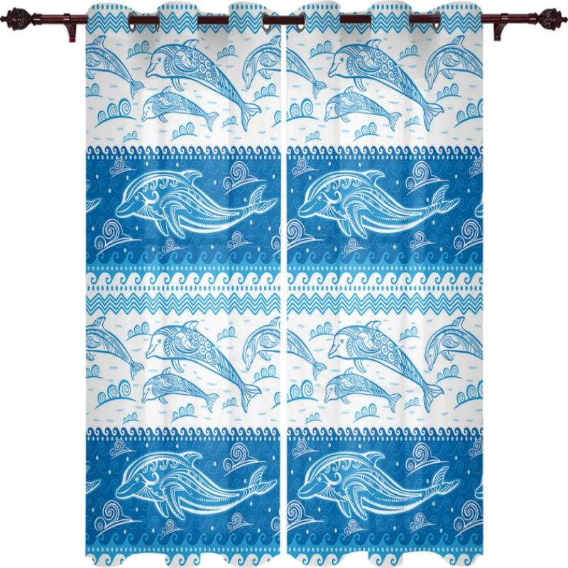 

Dolphin Wave Summer Thick Clackout Curtains Modern Living Room Bedroom High Shading Drape New Style Blue Theme Window Curtain W55 X H120cm X 2&Grommet Top