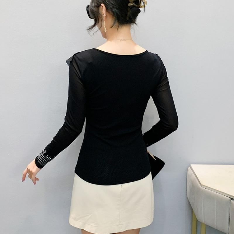 Spring Autumn Women's Ruffles Hotfix Rhinestone T-Shirt Elegant Full Sleeve Tees Slim Ladies Tops