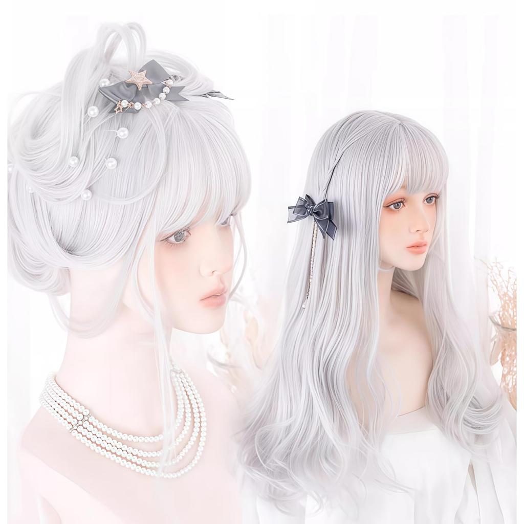 RyuuCos Lolita Wig, Long Hair, Curly Hair, Straight Bangs, Silver/Gray, Cosplay, Summer Night Glow, Natural, Harajuku Style, Heat Resistant, Disguise,