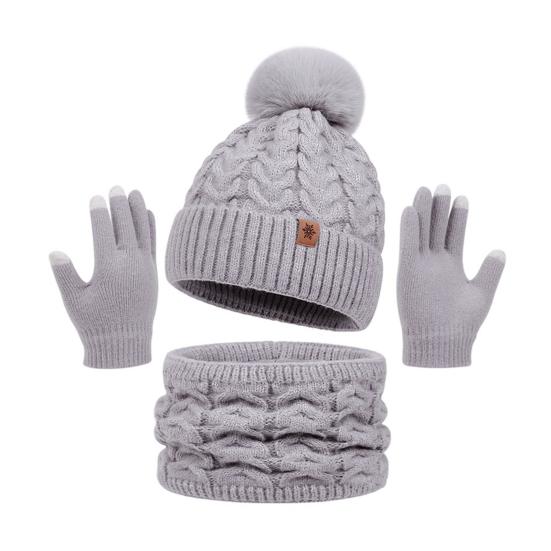 3Pcs/Set Women Winter Hat Scarf Gloves Set Twist Texture Plush Ball Decor Brimless Hat Scarf Touchscreen Glove Set
