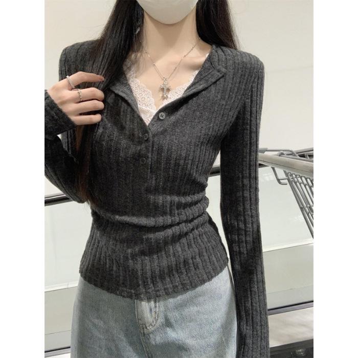 Gray Two-Piece Lace Knit Sweater for Women - Long-Sleeved Autumn Slim Base Layer Top