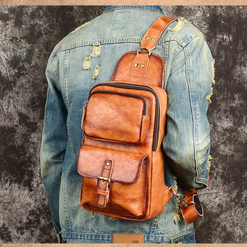 Johnature Vintage echtes Leder Outdoor Herren Brusttasche vielseitige einfarbige natürliche Rindsleder handgefertigte Schulter- und Umhängetaschen