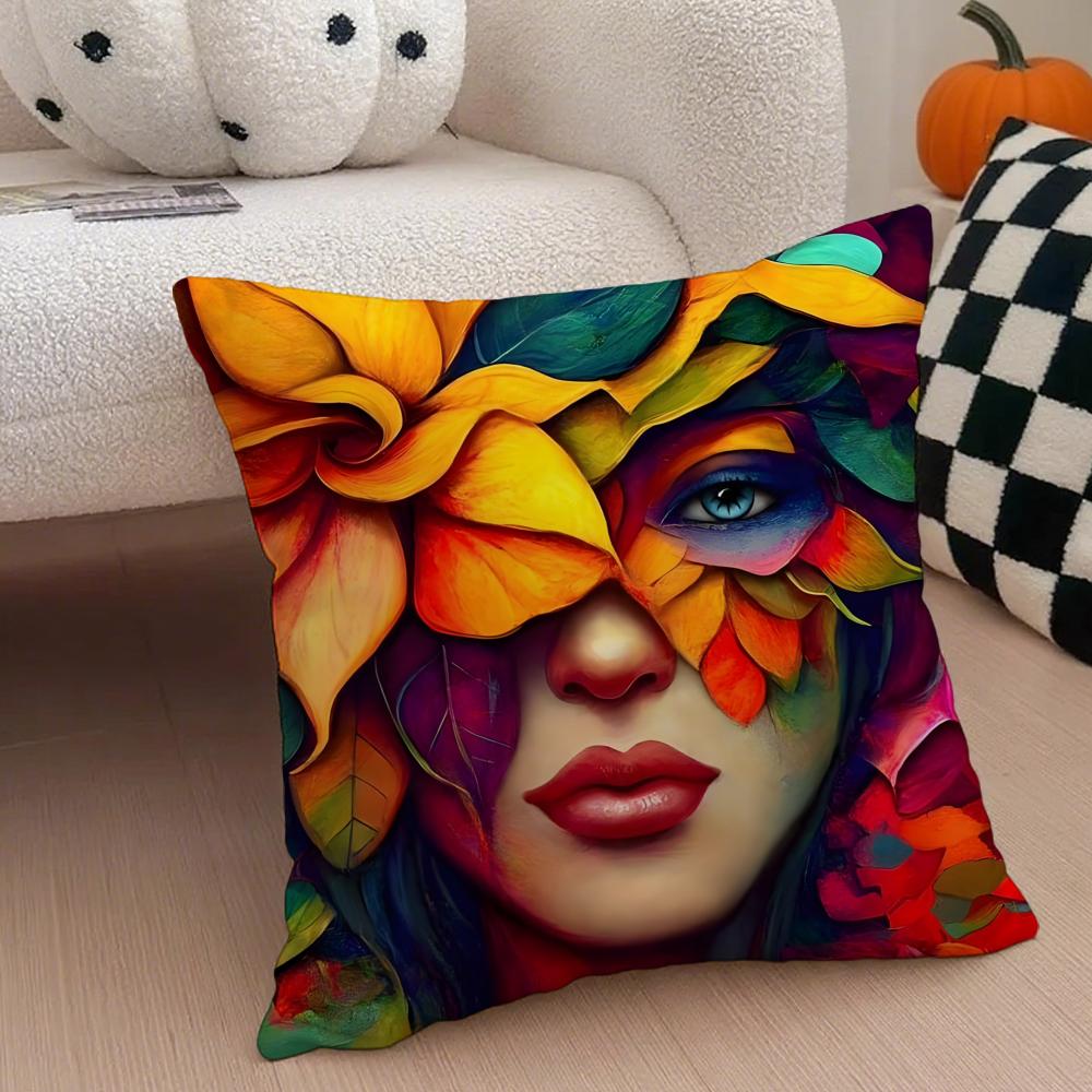 Square Bright Color Flower Girl Art Cushion Cover Throw Pillow Cover Hidden Button Durable Polyester Chair Cushion