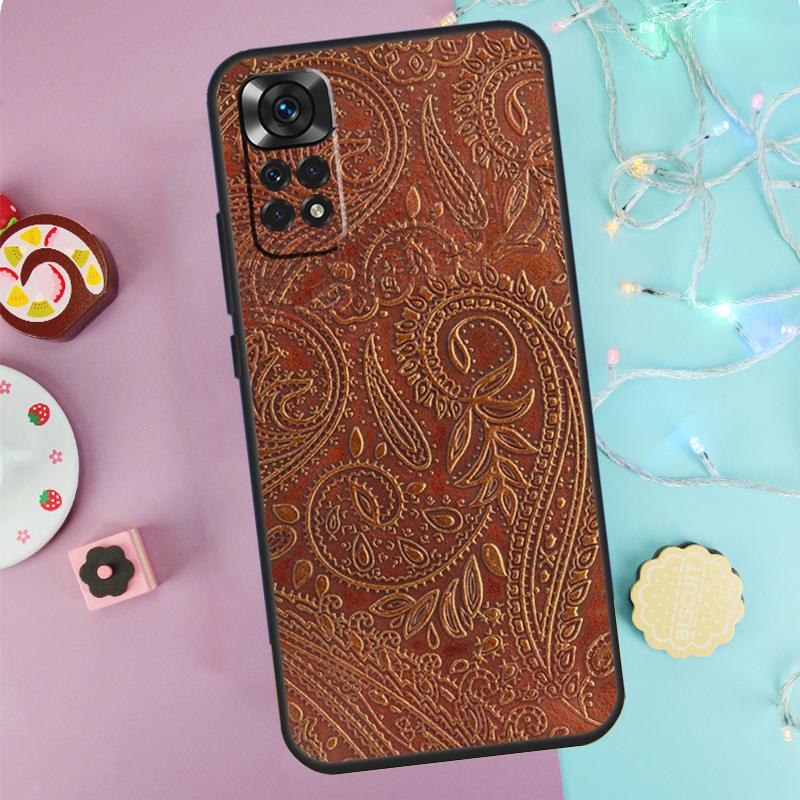 Brown Hand Tooled Western Case For Xiaomi Redmi Note 14 13 12 11 10 9 Pro 9S 10S 11S 12S Redmi 10C 12C 13C 14C Cover