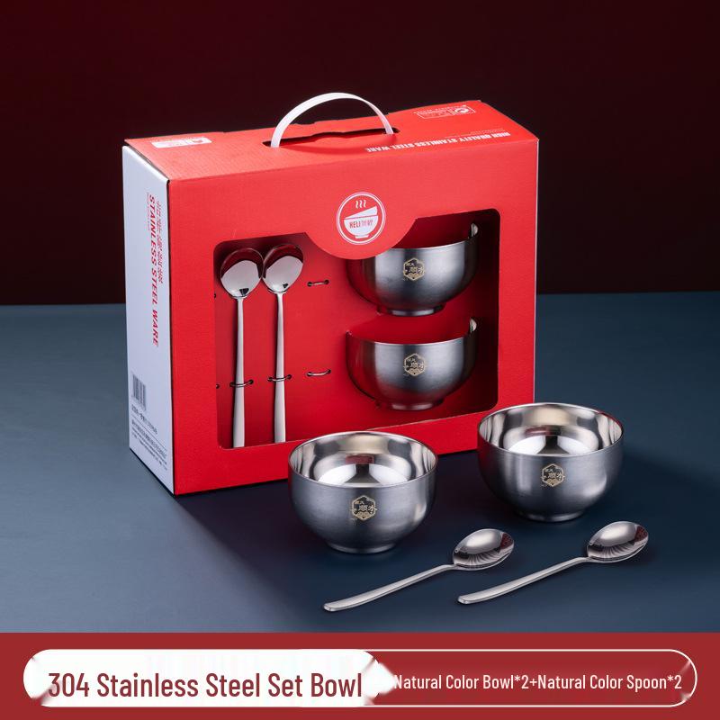 Red 304 Stainless Steel Bowl Set, Double-Layer, Anti-Scald, Heat Insulation - Available in Four or Six-Piece Sets.