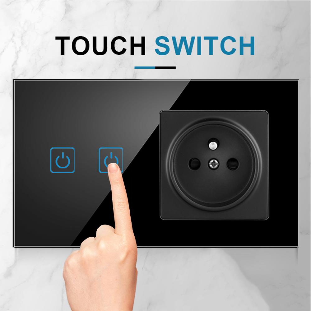 EIOMR France Touch Sensor Switch with Socket Crystal Glass Panel 110~250V 16A Wall Socket with Light Switch Home Improvement