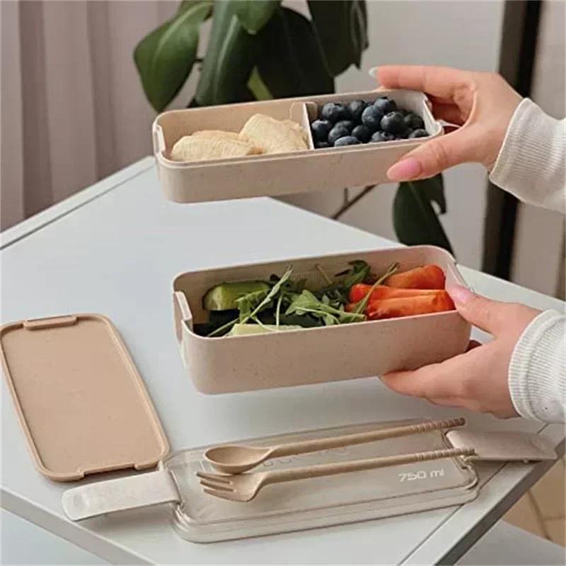 2026 New Compartment Wheat Straw Bento Box Reusable Tableware Lunch Containers Meal and Snack Food Containers Portable Lunch Box