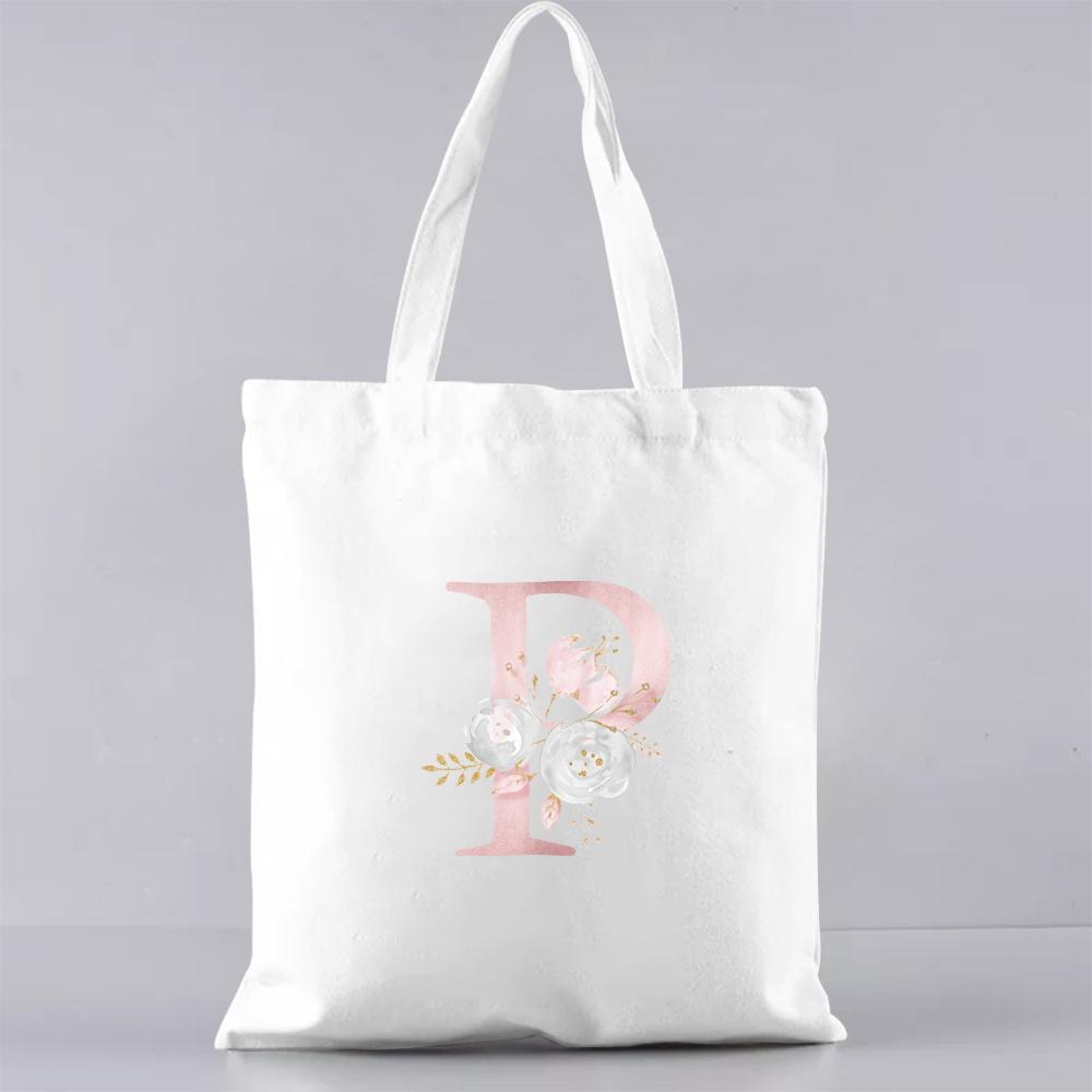 Сумка для покупок Женская сумка Сумка-тоут Сумка через плечо Повседневная Имя Инициал Розовый Цветок Буквенный узор Принт от A до Z Дорожная сумка Белая холщовая сумка 24*26cm