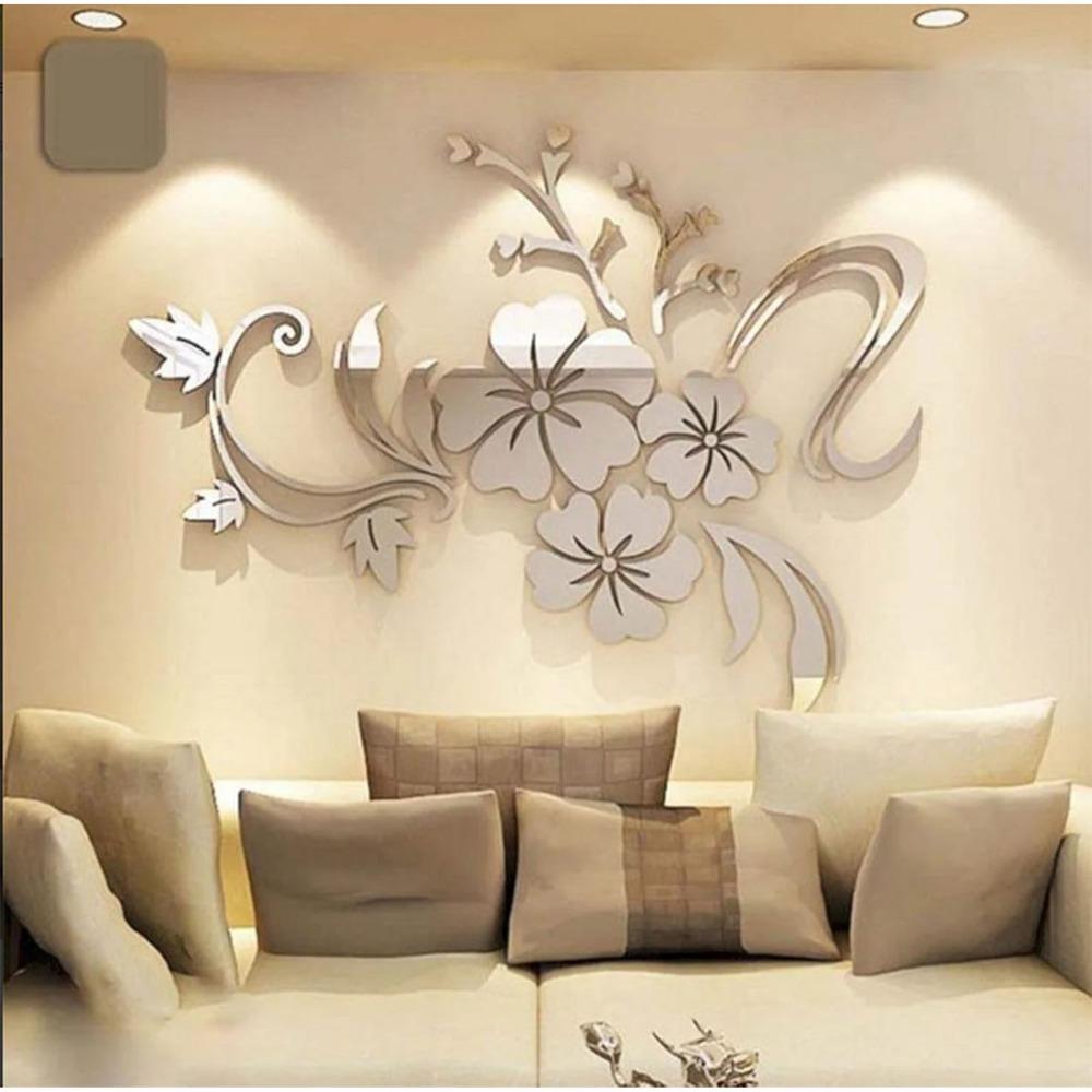 47.2x35.4in 3D Mirror Mural Stickers Acrylic Hibiscus Acrylic Wall Sticker Silver Mirror Surface Wall Sticker Decoration