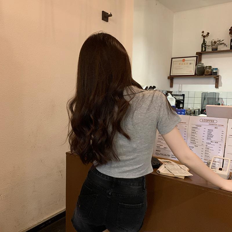 

Real shot * Threaded gram short-sleeved t-shirt summer short irregular front shoulder slim lapel solid color top XL сірий колір