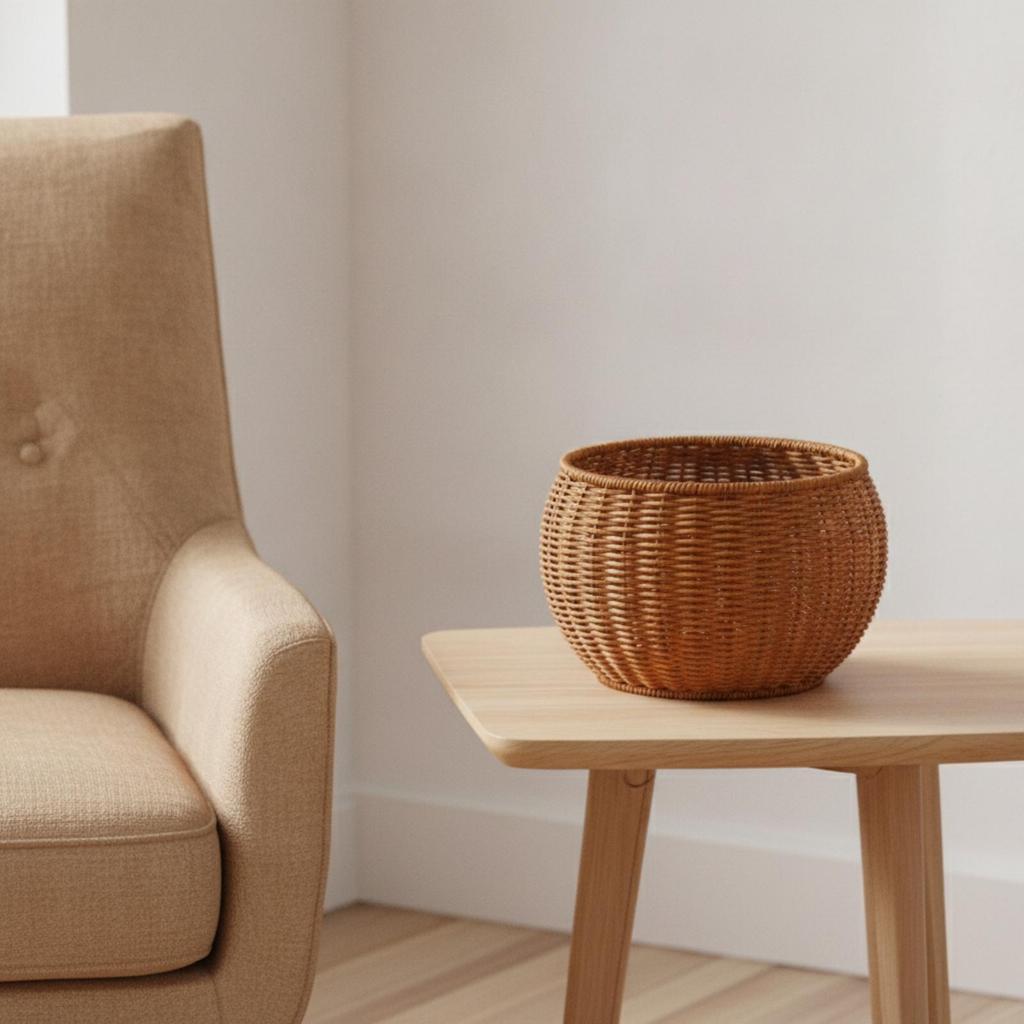 Tea-Brown Woven Organizer Tabletop Round Belly-Shaped Basket Rustic