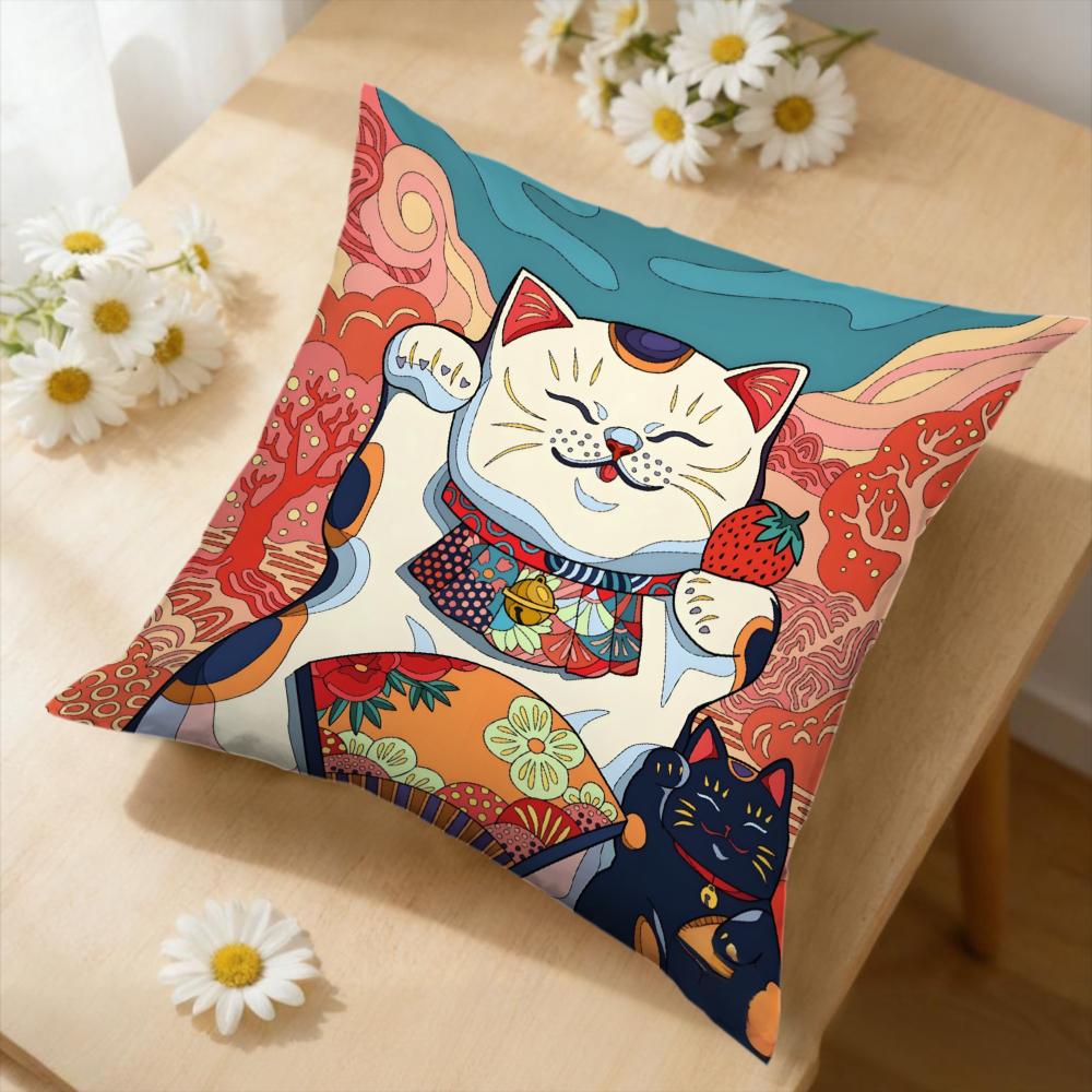 1pc Japanese Style Cushion Cover Red Blue Lucky Cat Strawberry Pattern Pillowcase For Sofa Bed Home Decor Soft Comfortable