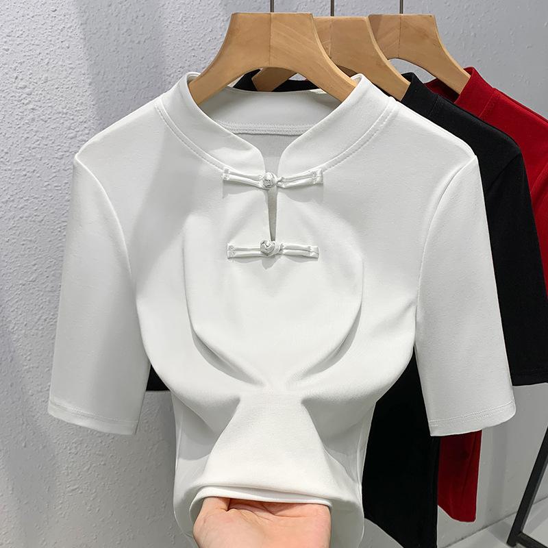 Chinese Style Stand-up Collar Mid-sleeved T-shirt for Women New Women's Solid Color Half-sleeved Cotton T-shirt for New Chinese Style Button Top