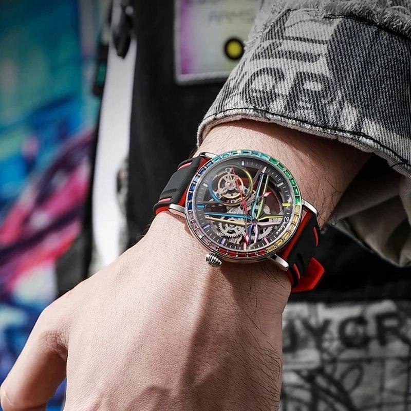 Herrenuhr Topmarke 3ATM Vollstahl Wasserdicht Automatisch Mechanisch Skelett Design Tourbillon Leuchtend Herrenuhr