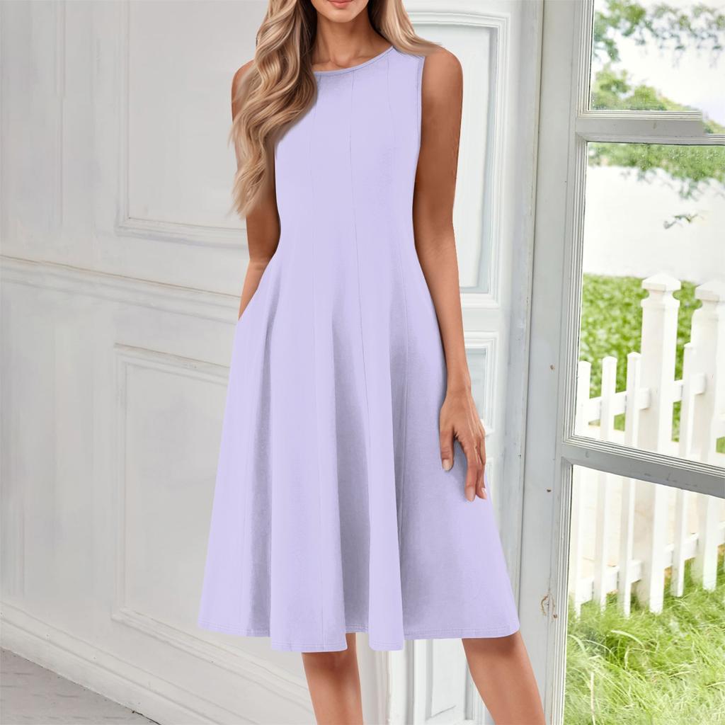 Women's Fashionable Round Neck Sleeveless Solid Color Casual Pullover Mid Length Dress