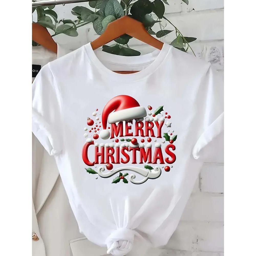 Printed Fashion New Year Women's T-shirt Top Merry Christmas Clothing Coffee Love Cute Holiday Pattern Round Neck Short Sleeve