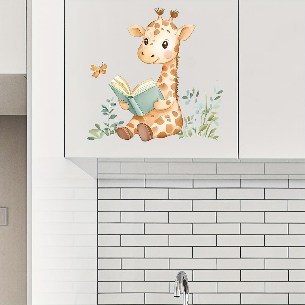 1pc Cartoon Animal Giraffe Reading Books Wall Decal Butterfly Flower Art Wall Sticker Bedroom Living Room Background Wall Decor