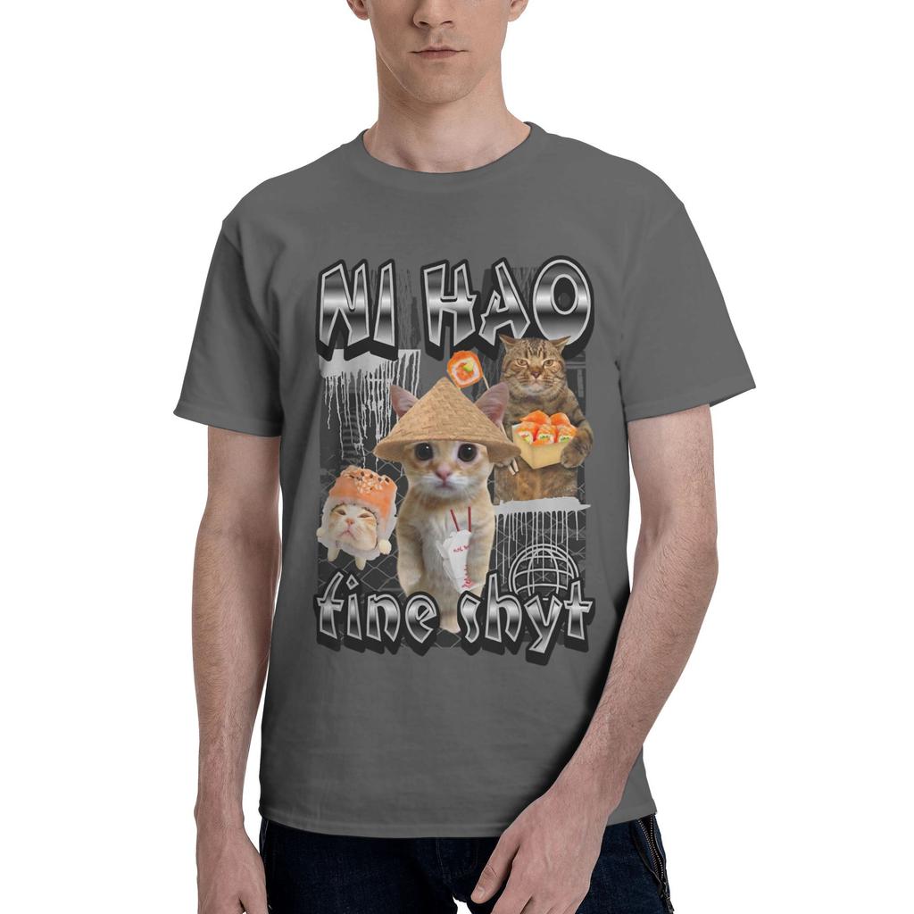 Ni Hao Fine Shyt Funny Brainrot Meme (2) Men's T Shirts  Vintage Tees Short Sleeve Crew Neck T-Shirt Pure Cotton Printed Tops