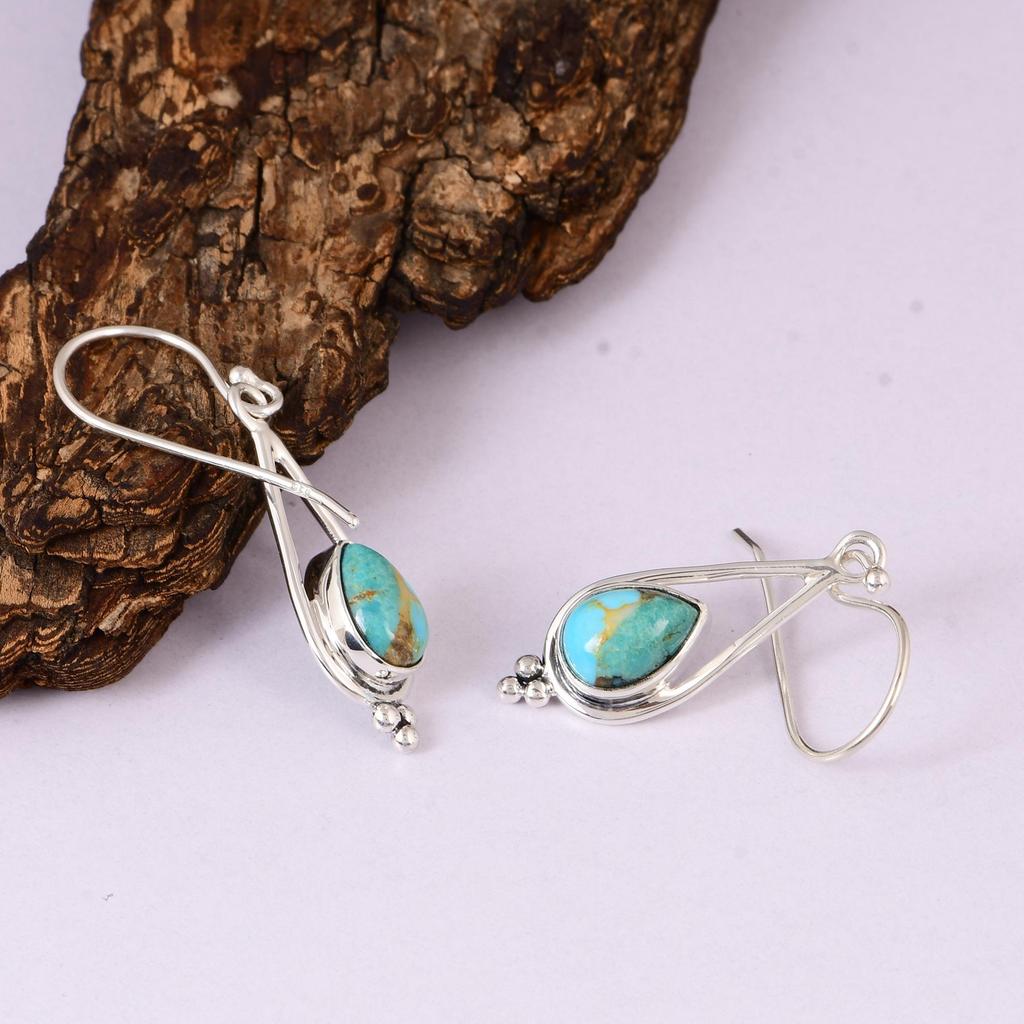 Natural Turquoise Drop Earrings 925 Silver, Pear Shape Turquoise Earrings, Handmade Gemstone Jewelry.