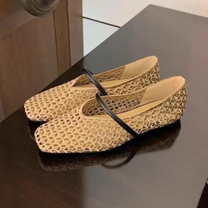 Fashion New Square Toe Hollow-out Woven One-Strap Versatile Soft Slip Single Shoes Women's Soft Sole Non-Slip Flats