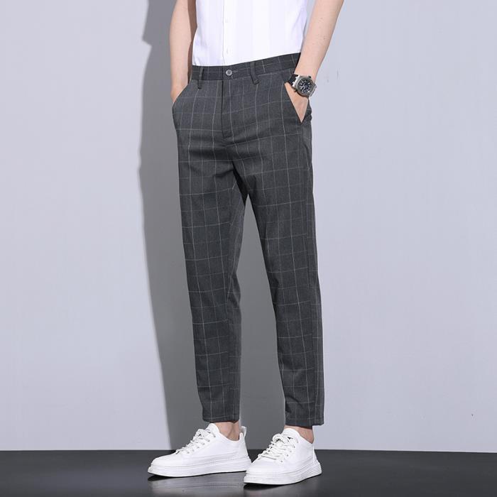 Secțiune ultra-subțire de vară carouri pantaloni nouă sferturi costum pantaloni drepți largi 9 pantaloni pantaloni casual pentru bărbați trend versatil