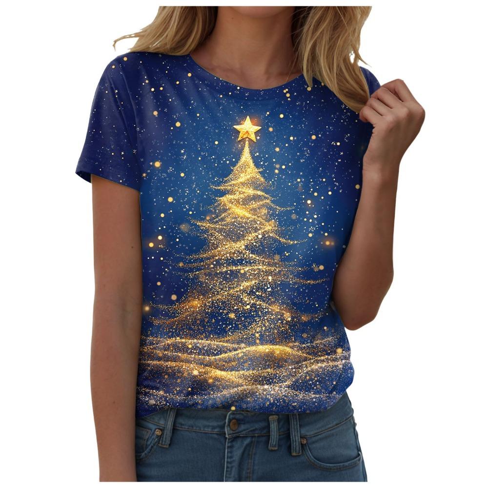 Women's Round Neck Short Sleeved T-shirt, Paired with a Charming Christmas Tree Gift Snowman Print Top