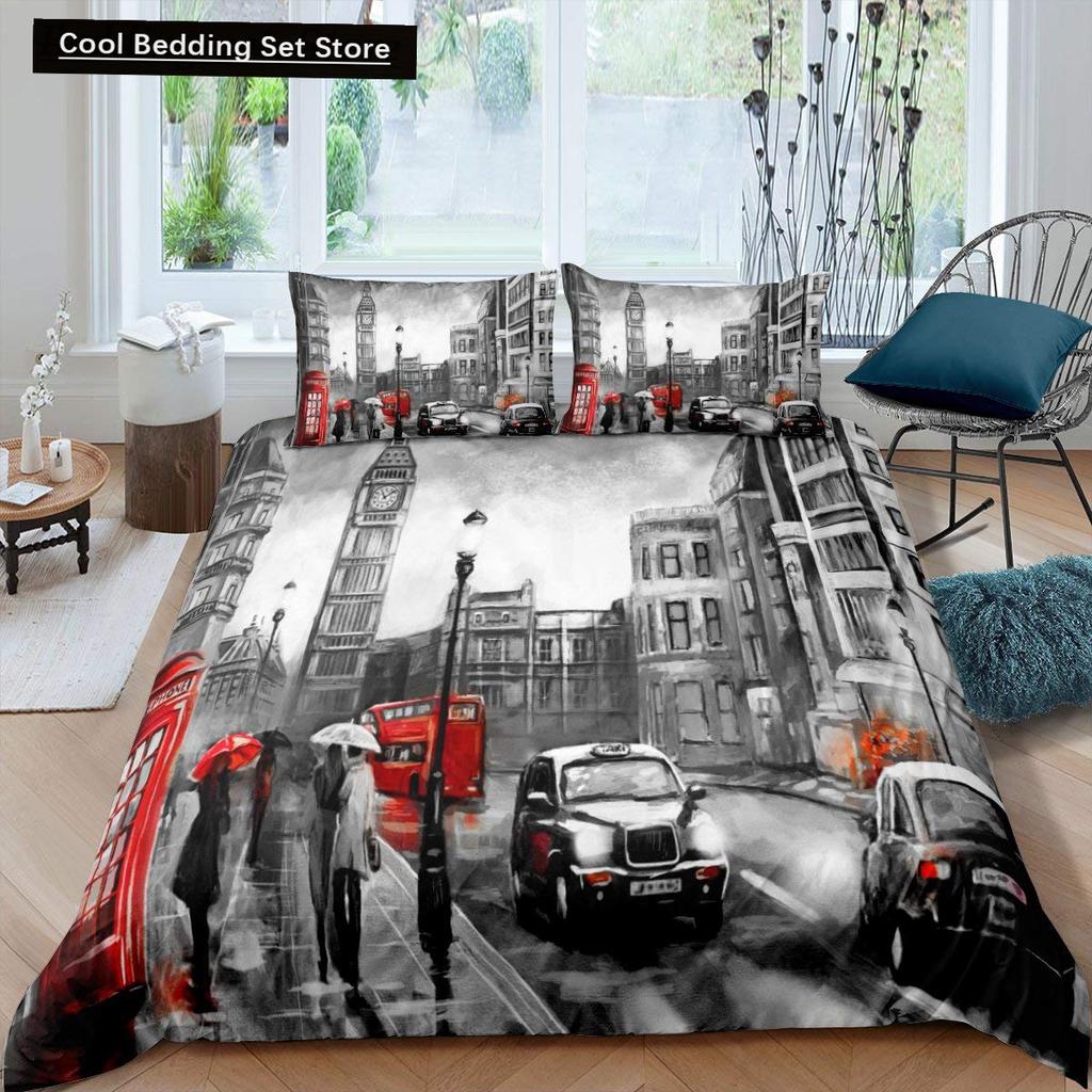 London Telephone Booth King Queen Duvet Cover The Big Ben Bedding Set Retro United Kingdom Quilt Cover Red Grey Comforter Cover
