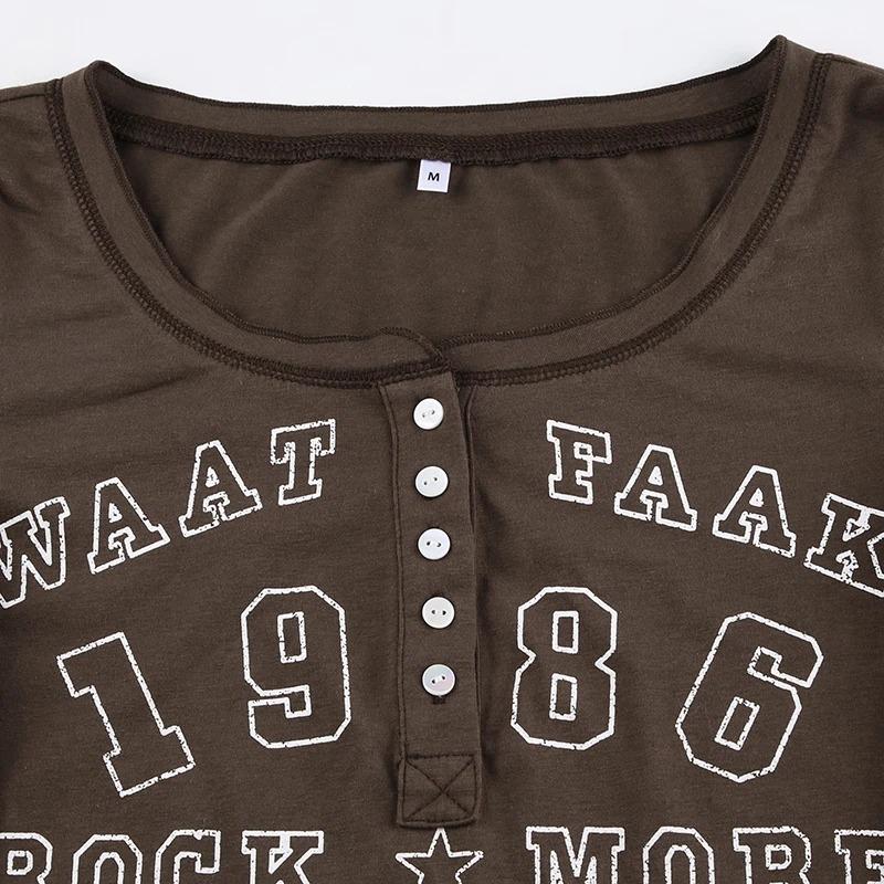Vintage Top s potiskem písmen Dámský Retro Grunge Knoflíkový Véčkový výstřih Dlouhý rukáv Tričko Podzim Zima Základní Tričko Femme Oblečení