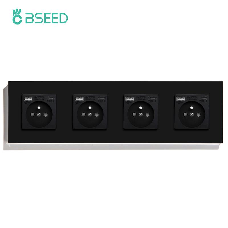 BSEED French Type-C Interface Outlet Wall Socket 16A USB Charge Port Power Socket Glass Crystal Panel Electrical Outlet