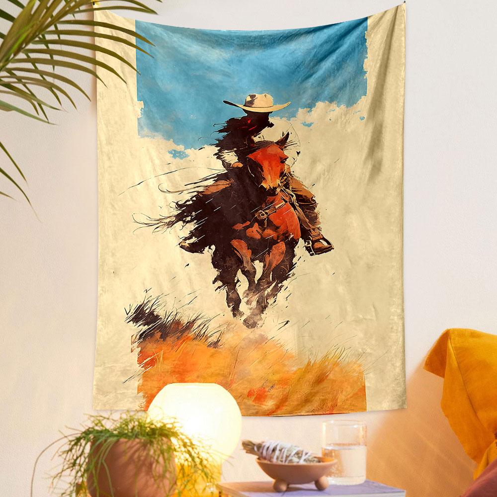 Cowboy Riding Horse In Vibrant Landscape Patterned Tapestry Home Decor, Suitable for Bedroom and Living Room, Gift