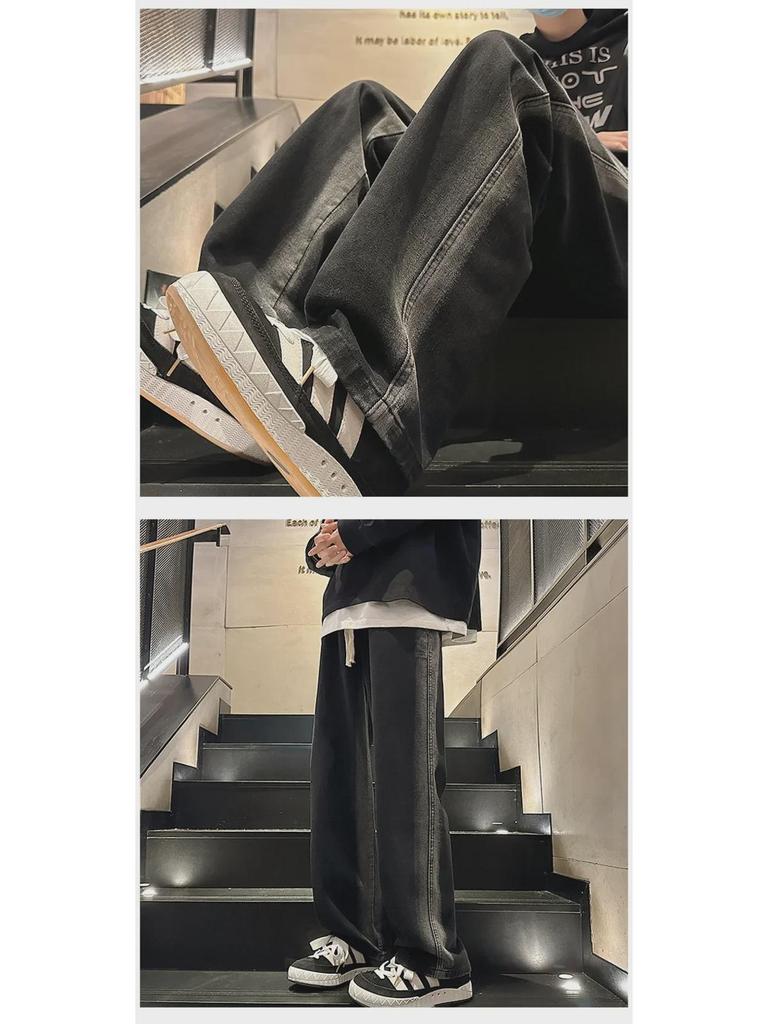 Męskie jesienno-zimowe koreańskie luźne jeansy casual z szerokimi nogawkami