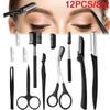 12Pcs Black Eyebrow Trimming Scissors Stainless Steel Tweezers Eyebrow Scraping Eyebrow Comb Razor Eyebrow Clip Makeup Tools Sets