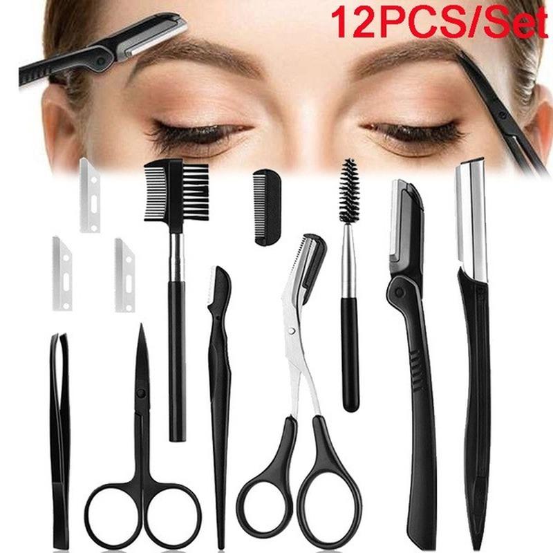 12Pcs Black Eyebrow Trimming Scissors Stainless Steel Tweezers Eyebrow Scraping Eyebrow Comb Razor Eyebrow Clip Makeup Tools Sets